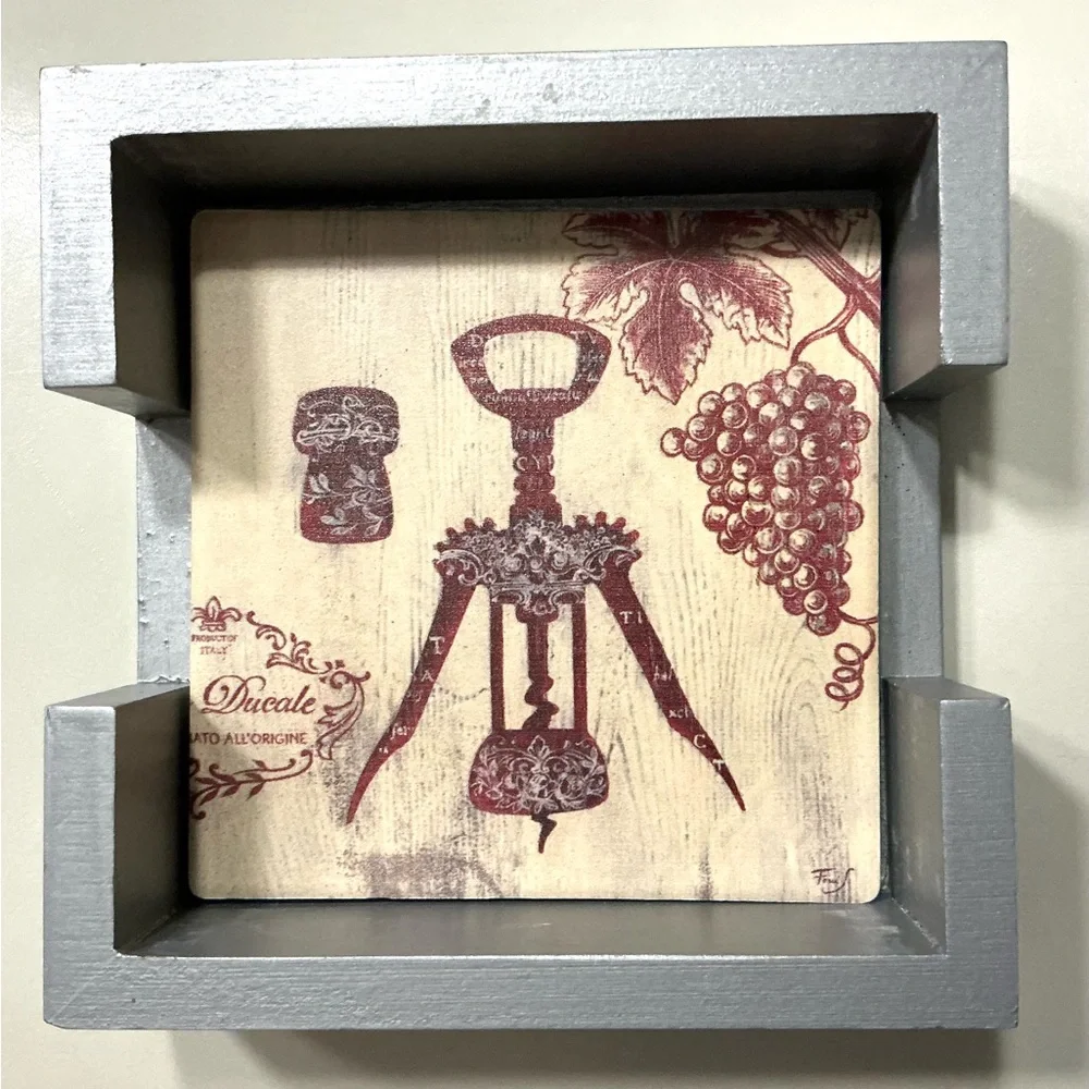 Wine Themed 4 Coasters with Holder